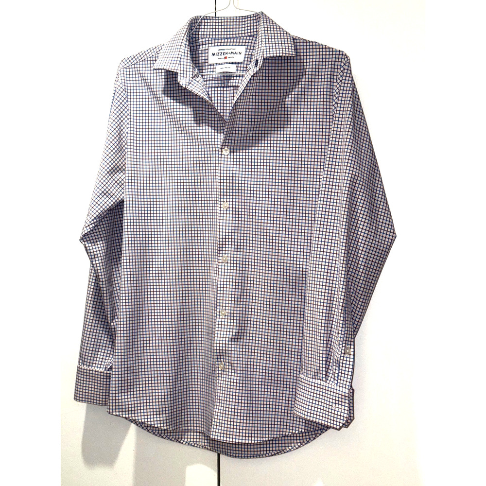 Mizzen+Main Leeward Small Trim Fit Blue Check Dress Shirt Stretch Performance
